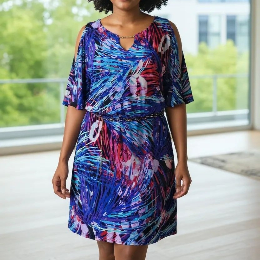 Thalia Sodi Abstract Print Midi Dress with Gold Accents & Belt - New With Tags